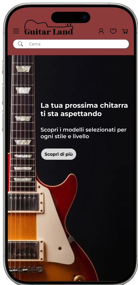 Interfaccia mobile e-commerce responsive Guitar Land - Progettazione UI UX per smartphone