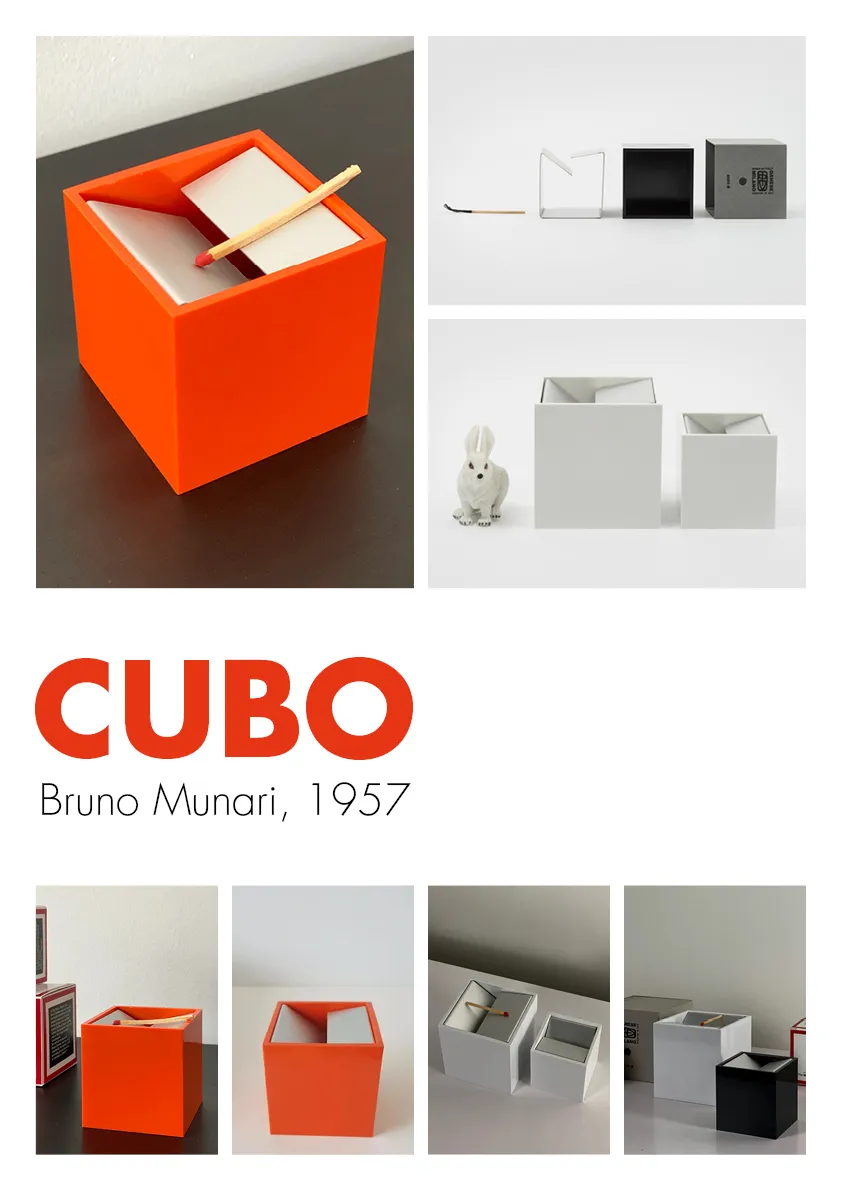 Manifesto minimalista in formato A3 dedicato all'oggetto di design posacenere Cubo di Bruno Munari
